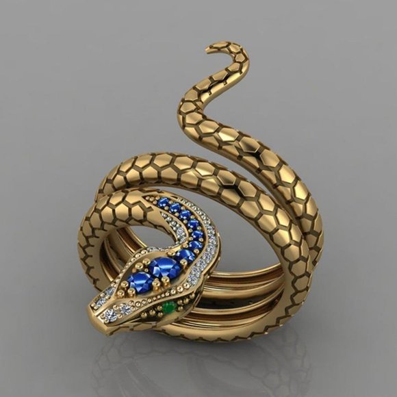 Jewelry - NEW Vintage Gold Blue Sapphire Diamond Snake Serpent Ring